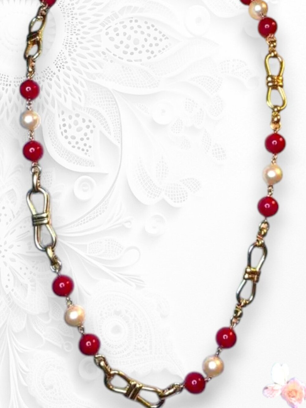 Vintage Monet Red & White Pearl Beaded Necklace Gold Tone Bow Clasp 499